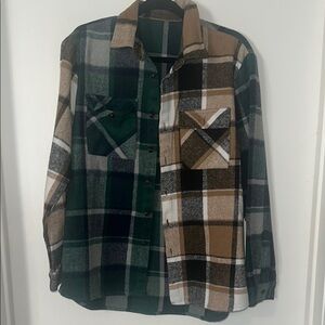 Plaid Flannel Shirt in Green, Tan, and Black
